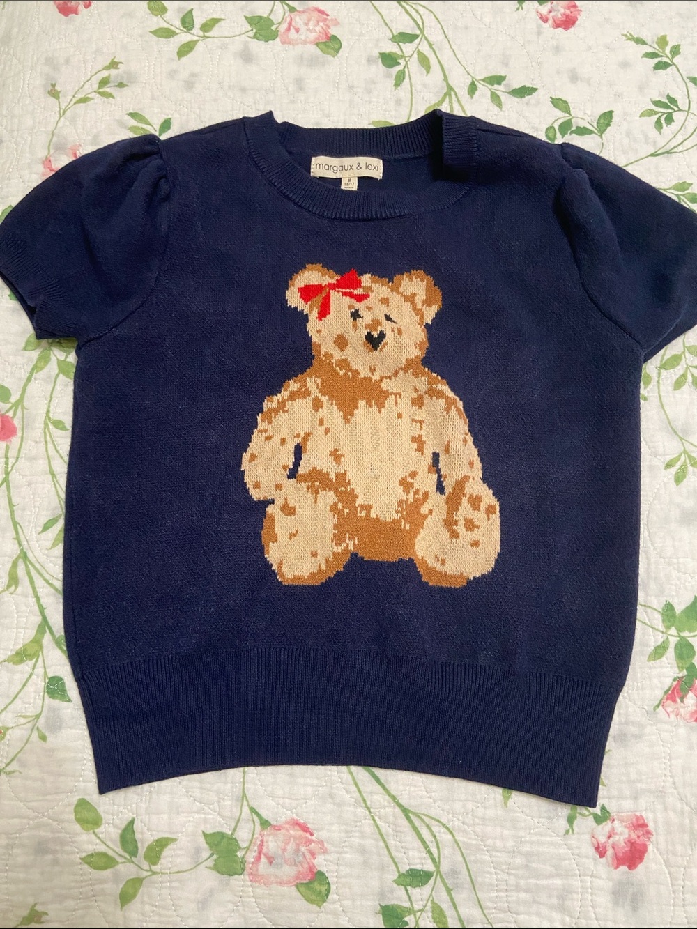 Margaux Navy Teddy Knit Short-Sleeve Top for Girls